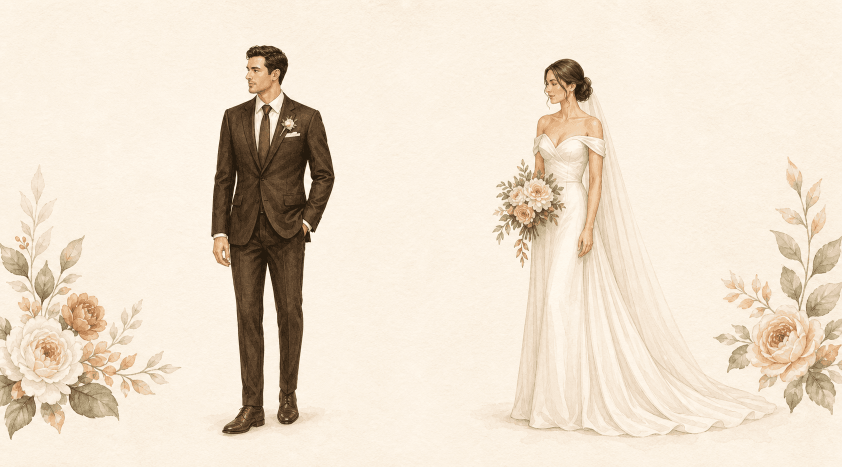 Watercolor illustration of a groom in an espresso brown suit and a bride in an ivory gown.