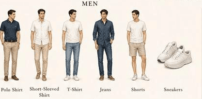 Attire to avoid for men: polo shirts, short-sleeved shirts, T-shirts, jeans, shorts and sneakers.