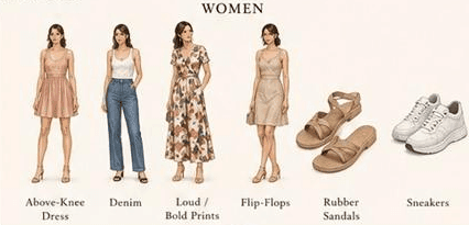 Attire to avoid for women: above-knee dresses, denim, loud or bold prints, flip-flops, rubber sandals and sneakers.