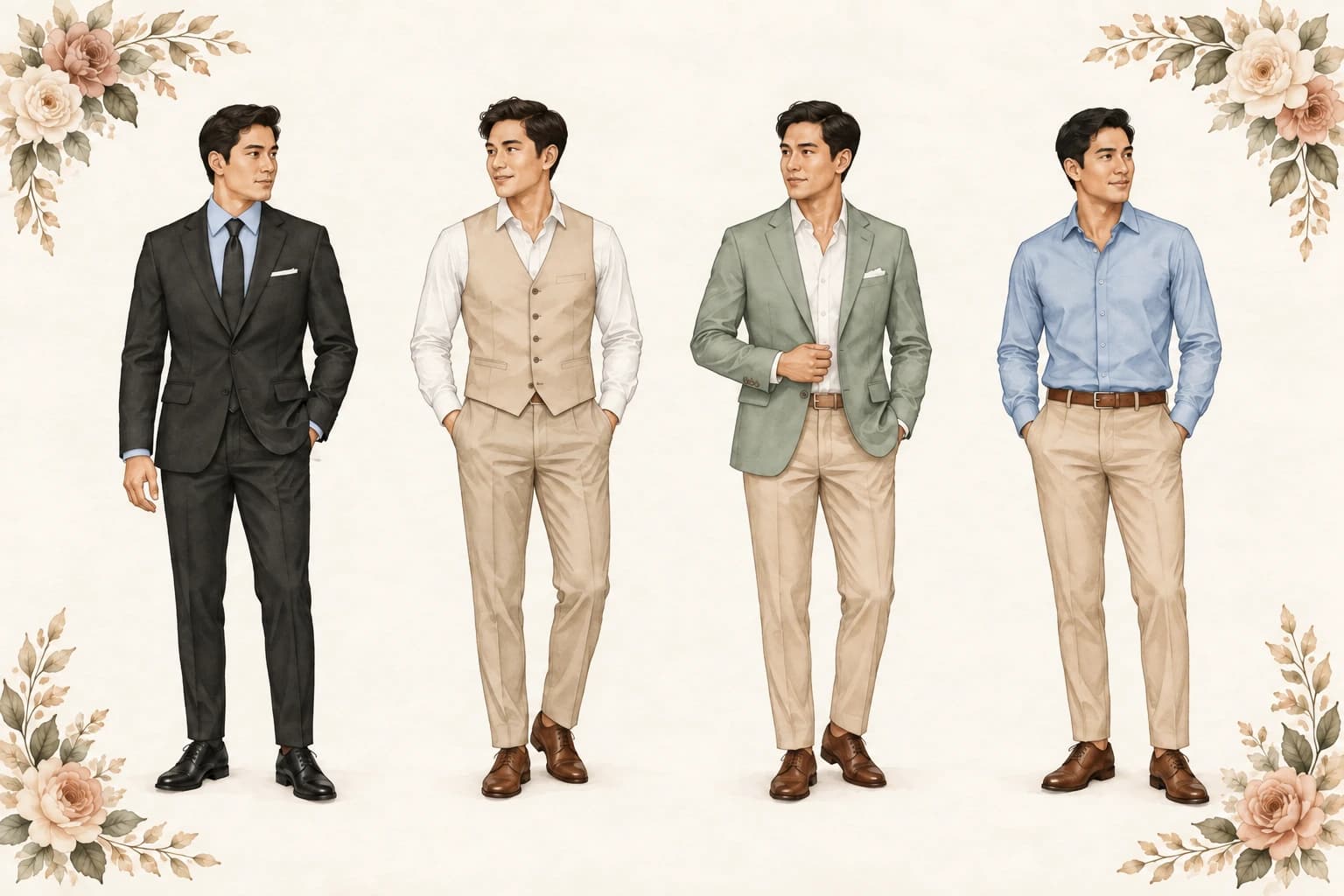 Accepted guest attire for men, including a black suit with a pale dusty-blue dress shirt.