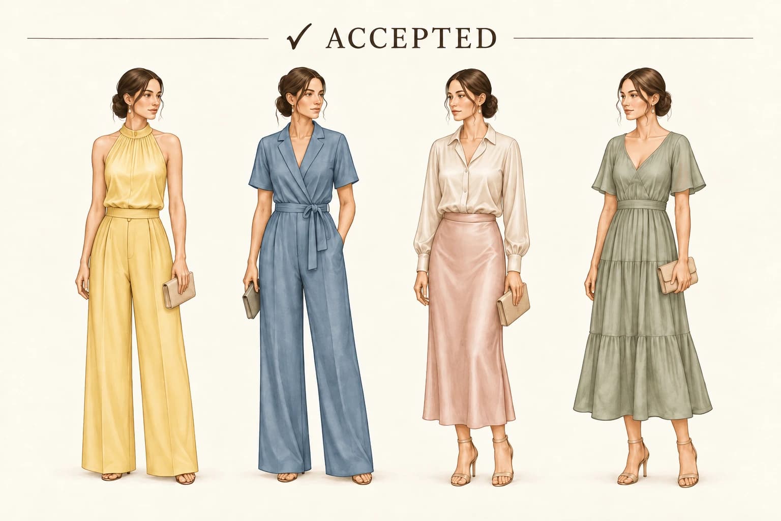 Accepted guest attire for women in honey yellow, dusty blue, soft pink and sage.