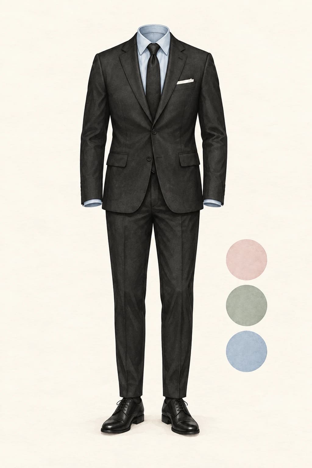 Black suit with a pale dusty-blue dress shirt; blush, sage and dusty-blue shirt colours are also shown.