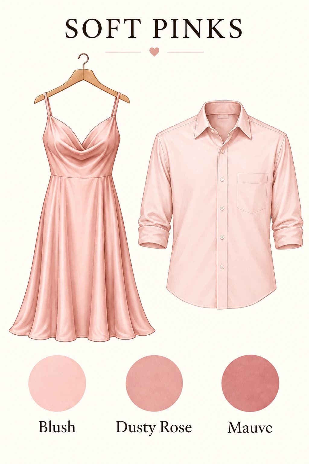 Soft pinks: blush, dusty rose and mauve.