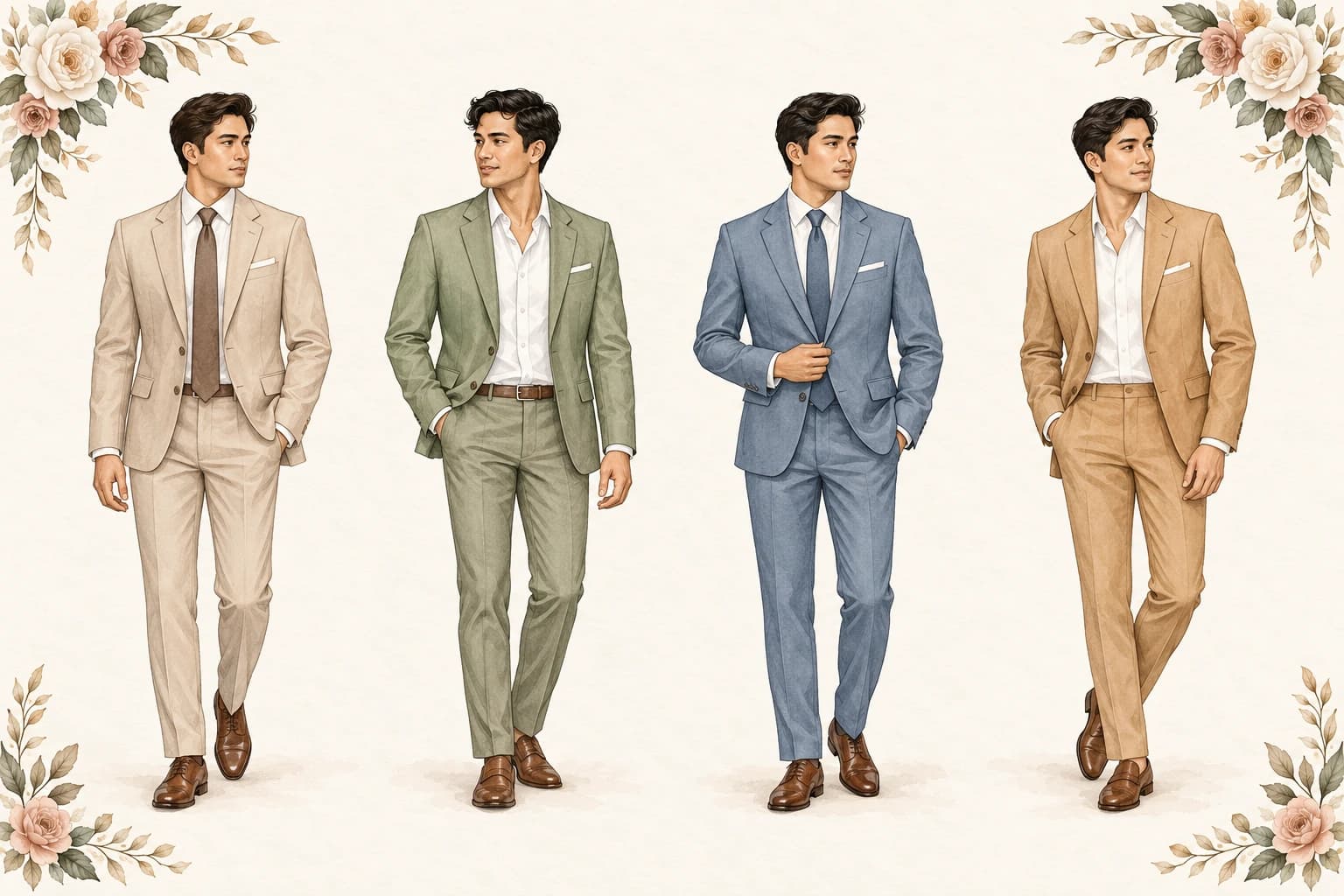 Preferred guest attire for men in tan, sage, blue and honey tones.