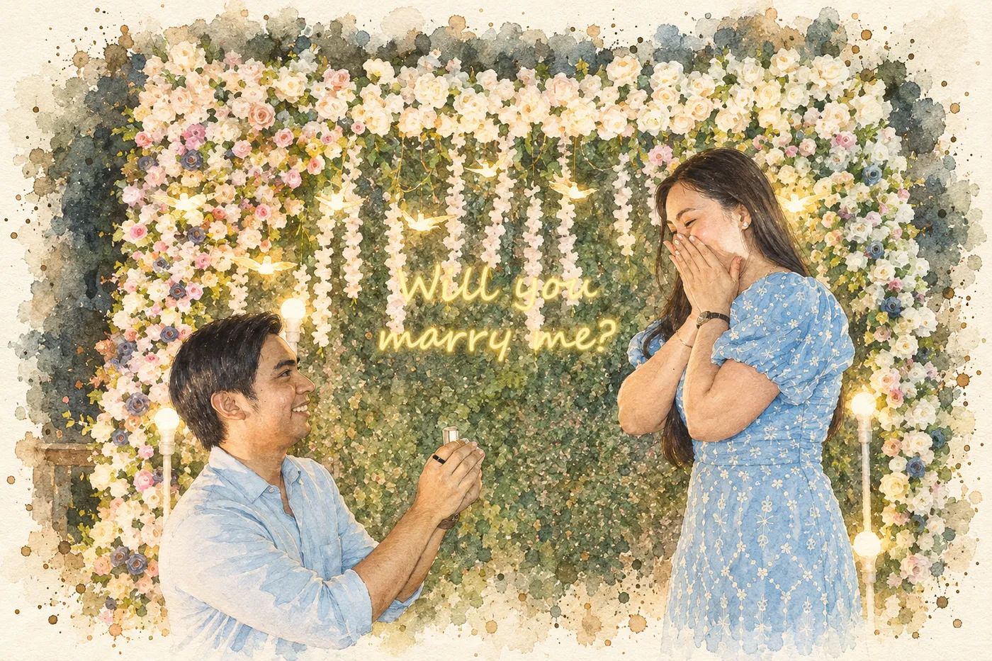 Watercolour painting of Luis on one knee holding a ring box, Tricia with her hands over her mouth, in front of a flower wall lit with "Will you marry me?" in neon.